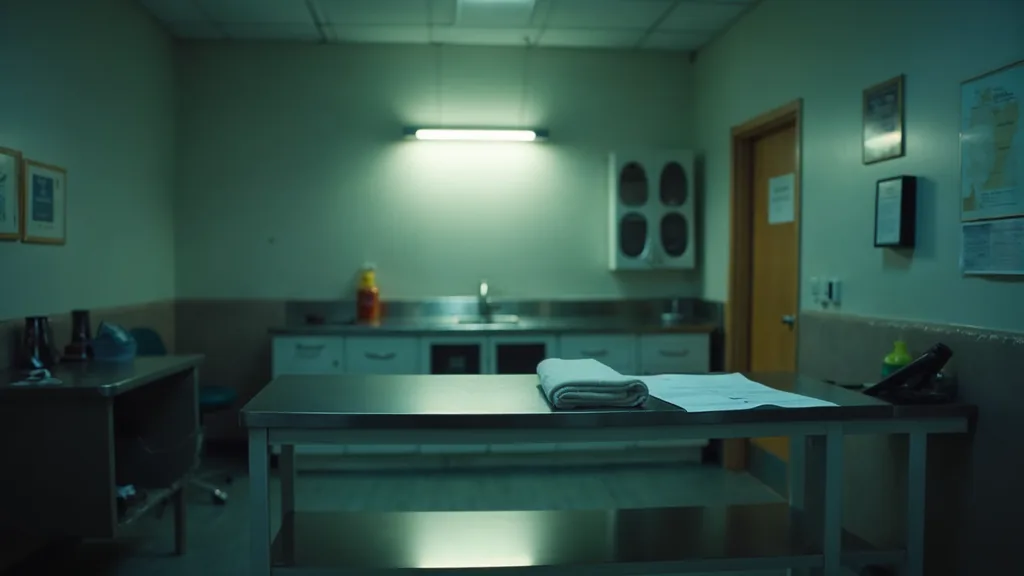 An empty veterinary examination room at dusk with a stainless table, a folded towel, a blank intake form and a reception phone off its cradle