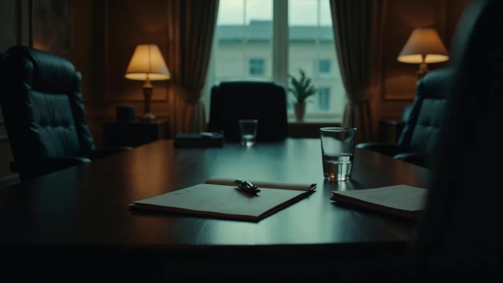 An empty private wealth meeting room at dusk with two vacant chairs across a polished table, a blank folder, a closed fountain pen and a glass of water