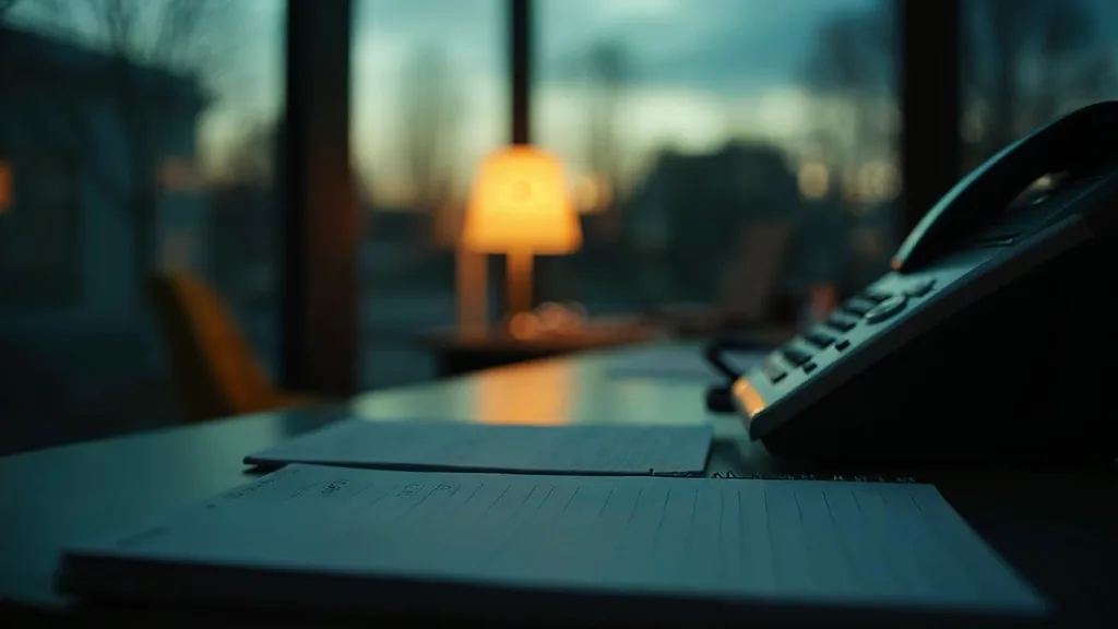 An empty dental reception desk at dusk with a blank appointment book, a desk phone off its cradle and an unbranded intake form under one warm light