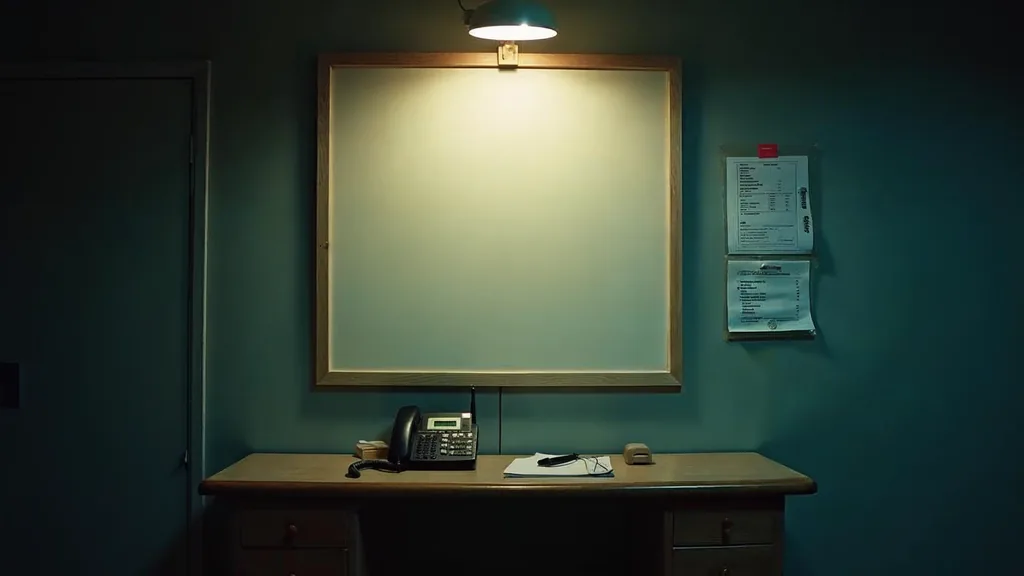 An unbranded thermostat, a coiled copper line and a blank work order card on a dark desk at night under one warm raking light