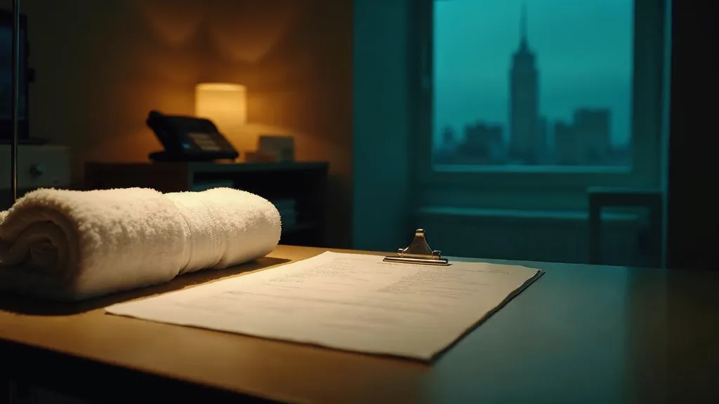 A quiet medical spa reception at dusk with a blank consultation form, a folded towel and a desk phone off its cradle under one warm light