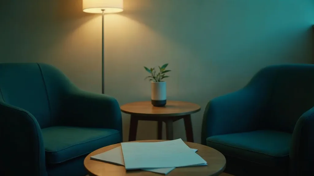 An empty fertility clinic consultation room at dusk with two chairs, an unbranded folder and a blank enquiry form under one warm light