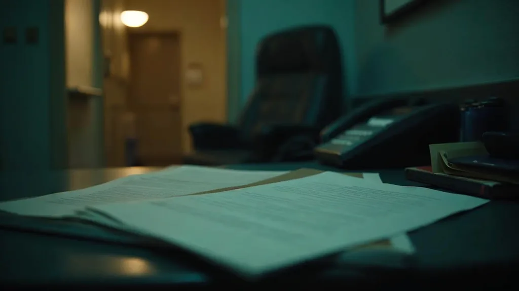 A quiet treatment centre intake office at night with an unbranded admissions folder, a desk phone off its cradle and a blank form under one warm light