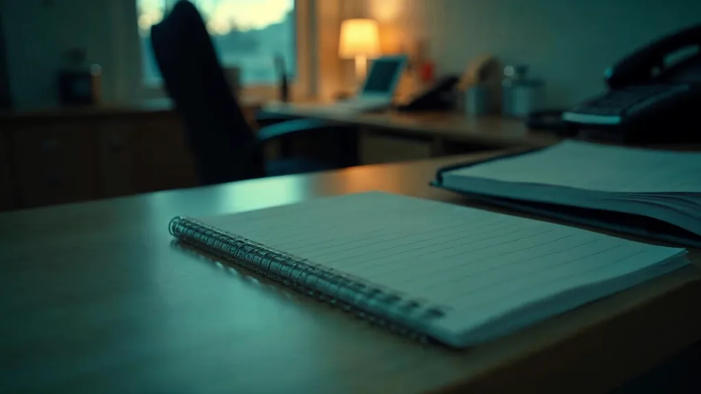 A quiet dental practice reception desk at dusk with a blank unbranded appointment reminder card, a closed recall diary and a desk phone off its cradle under one warm light
