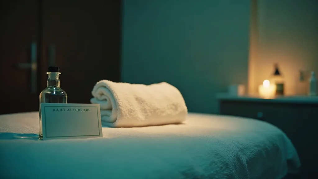 A quiet medical spa treatment room at dusk with a folded white towel, a blank unbranded aftercare card and a small glass bottle under one warm light