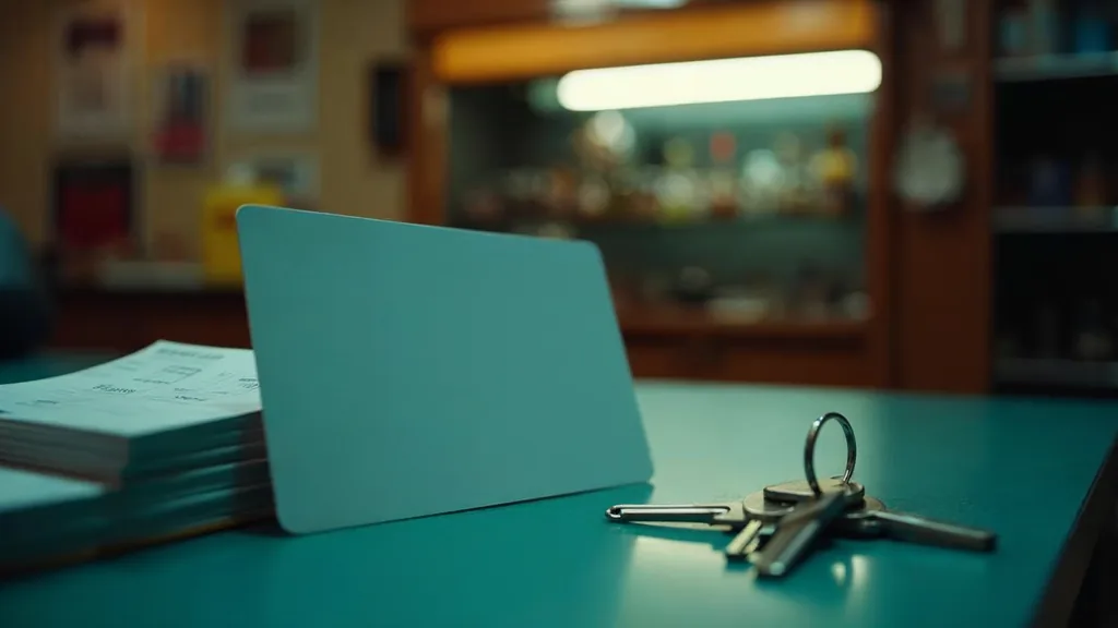 An empty small-business service counter at dusk with a blank unbranded loyalty card, a stack of paper receipts and a set of shop keys under one warm light