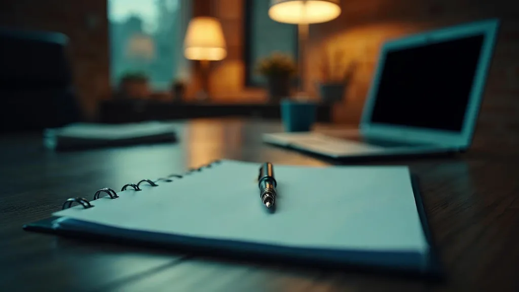 A private advisory office at dusk with a blank unbranded client folder, a fountain pen and a closed laptop on a polished table under one warm light
