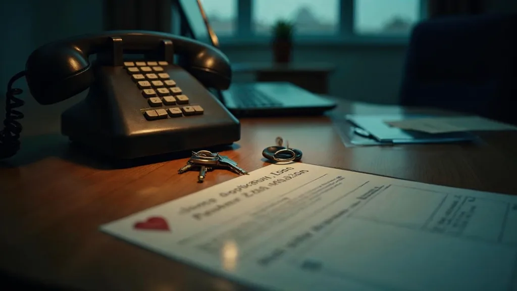 A lender desk at dusk with a telephone handset off the cradle, a blank unbranded loan application form and a set of house keys under one warm light