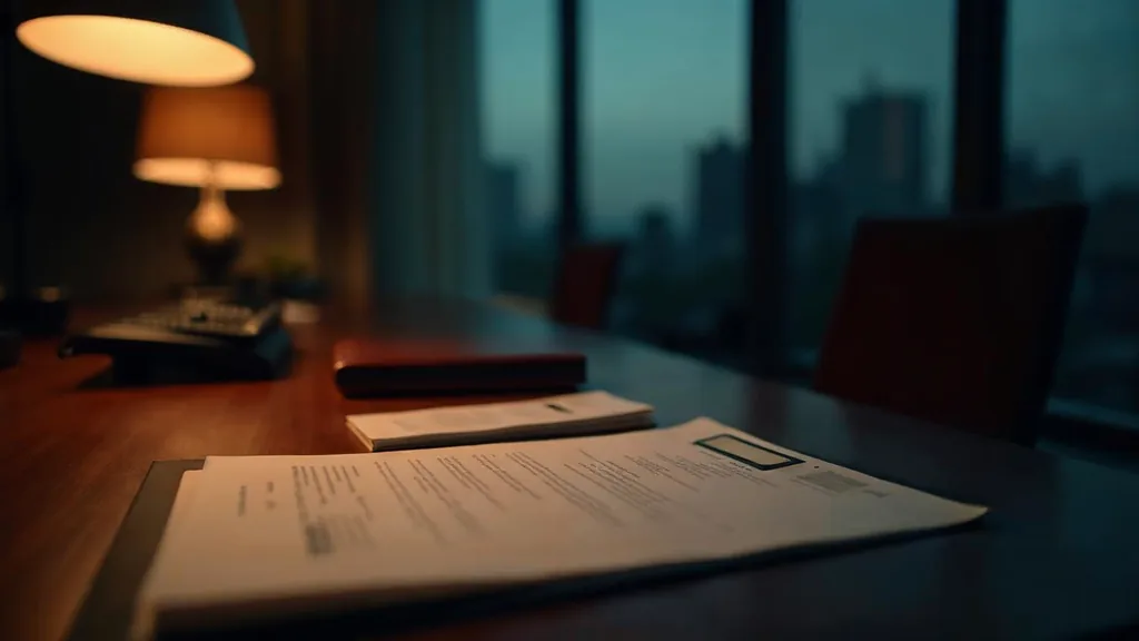 An empty advisory meeting room at dusk with a blank unbranded client intake form, a closed leather folio and a desk phone off its cradle under one warm lamp