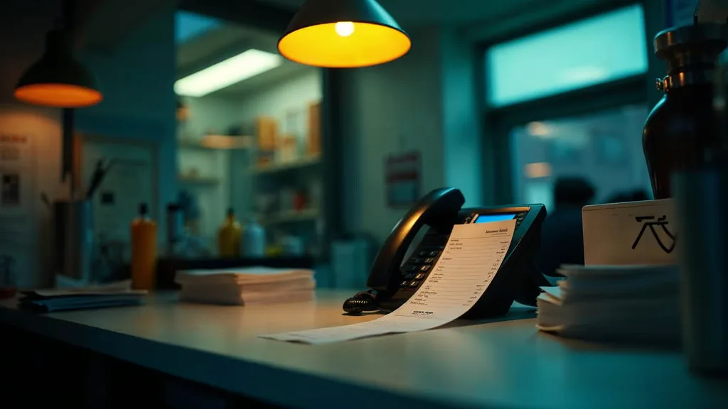 A closed franchise service counter at dusk with a blank unbranded job ticket, a stack of paper receipts and a shop phone off its cradle under one warm pendant light