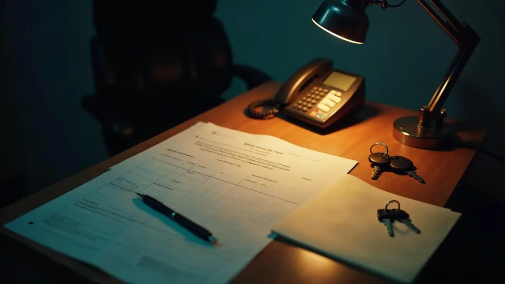 An empty loan officer desk at dusk with a blank unbranded application form, house keys on a paper folder and a desk phone off its cradle under one warm lamp