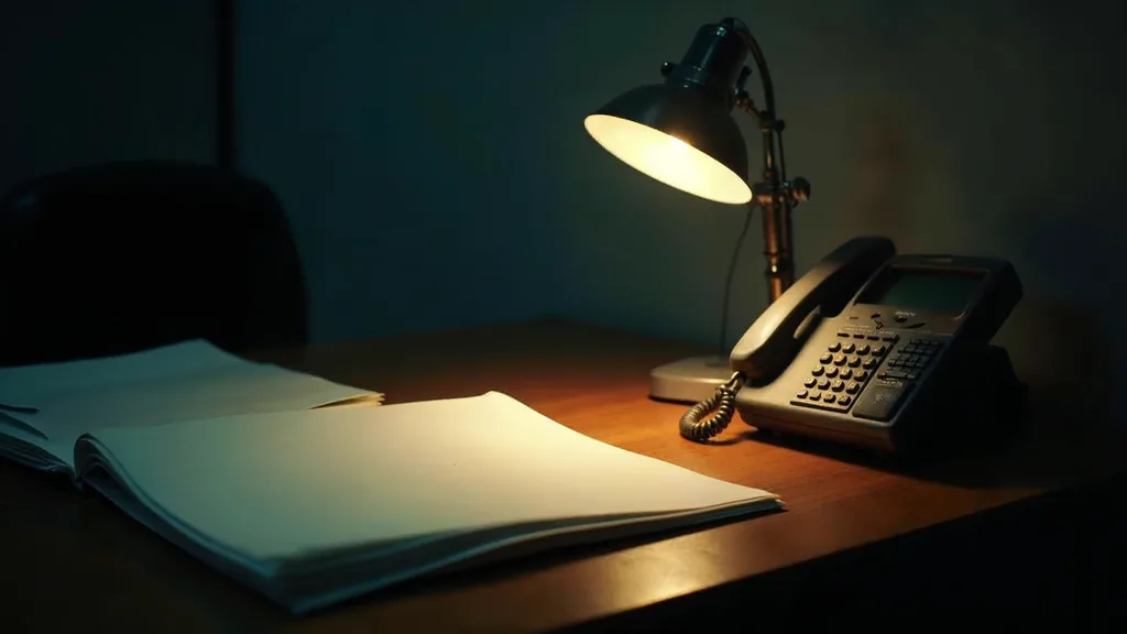 An empty law office intake desk at dusk with a blank unbranded intake sheet, a closed accordion case file and a desk phone off its cradle under one warm lamp