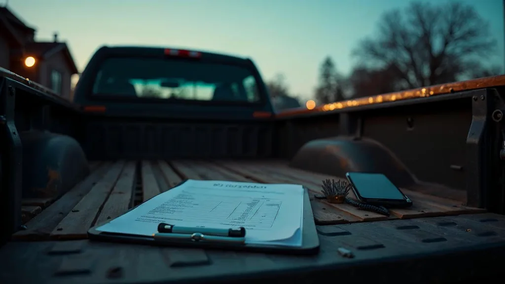 An empty contractor truck tailgate at dusk with a blank unbranded estimate sheet on a clipboard, a coil of roofing nails and a work phone off its cradle under one warm work light