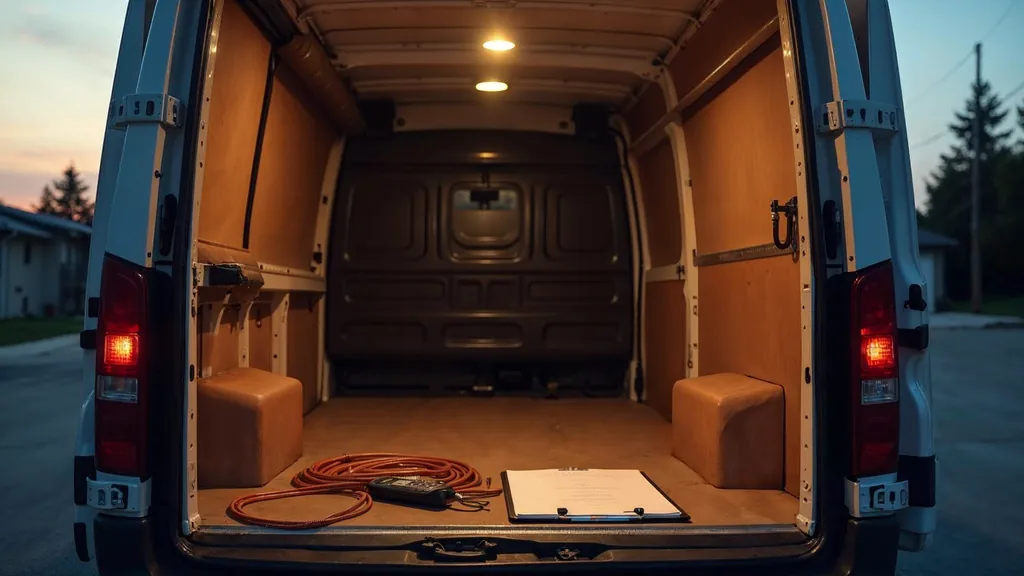 An empty HVAC service van tailgate at dusk with a blank unbranded maintenance agreement on a clipboard, a coiled copper line set and a work phone off its cradle under one warm work light