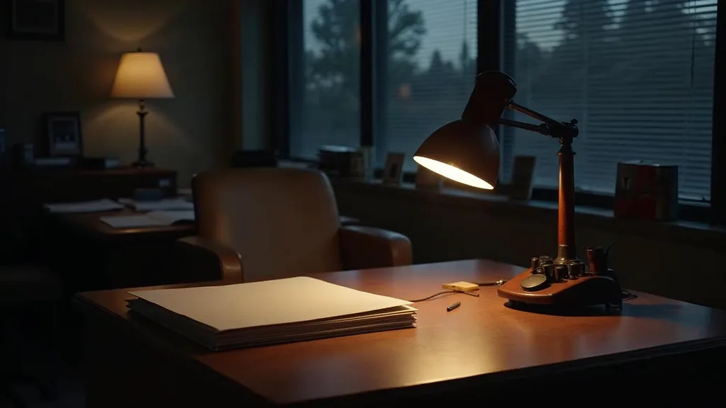 An empty law office mailroom desk at dusk with a stack of blank unbranded envelopes, a closed accordion case file and a desk phone off its cradle under one warm lamp