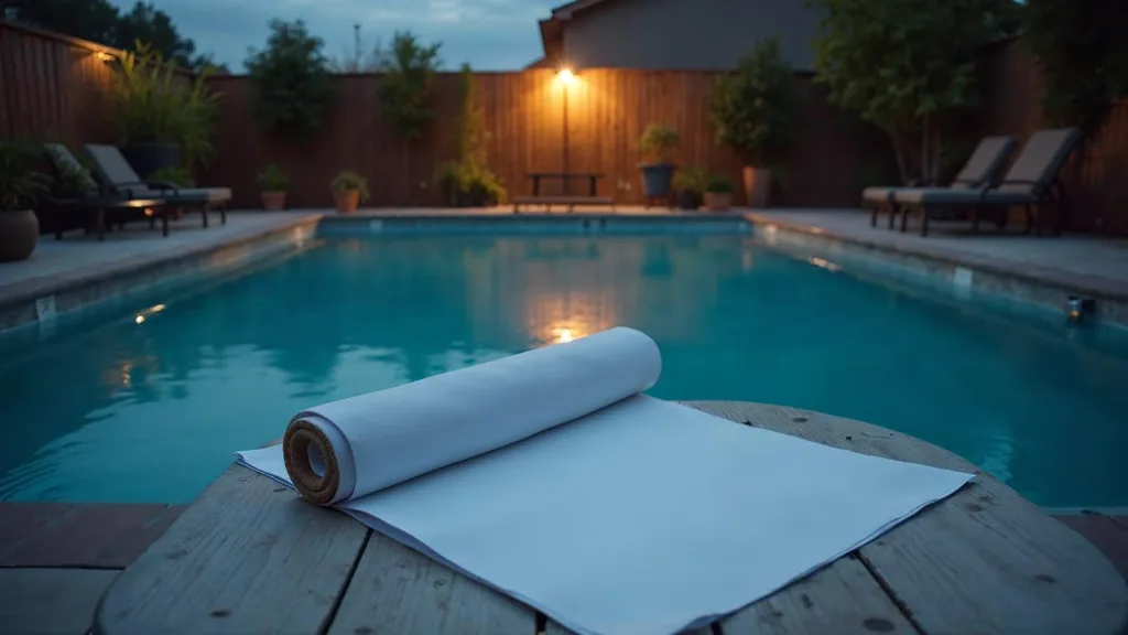 An empty backyard swimming pool at dusk with a rolled winter cover, a blank unbranded quote sheet on a patio table and a skimmer net resting against a wall under one warm garden light