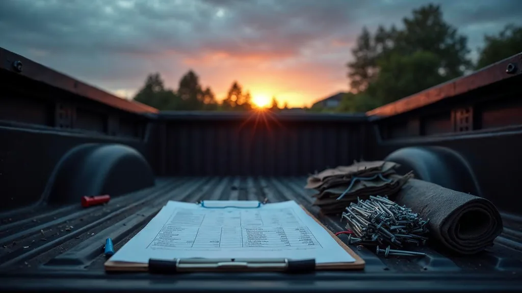 An empty roofing contractor truck tailgate at dusk after a storm with a blank unbranded estimate sheet on a clipboard, a coil of roofing nails, a bundle of shingles and a work phone off its cradle under one warm work light