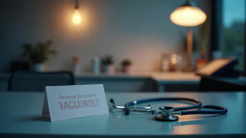 An empty veterinary clinic reception counter at dusk with a blank unbranded vaccination reminder card, a stethoscope on the desk and a phone off its cradle under one warm lamp