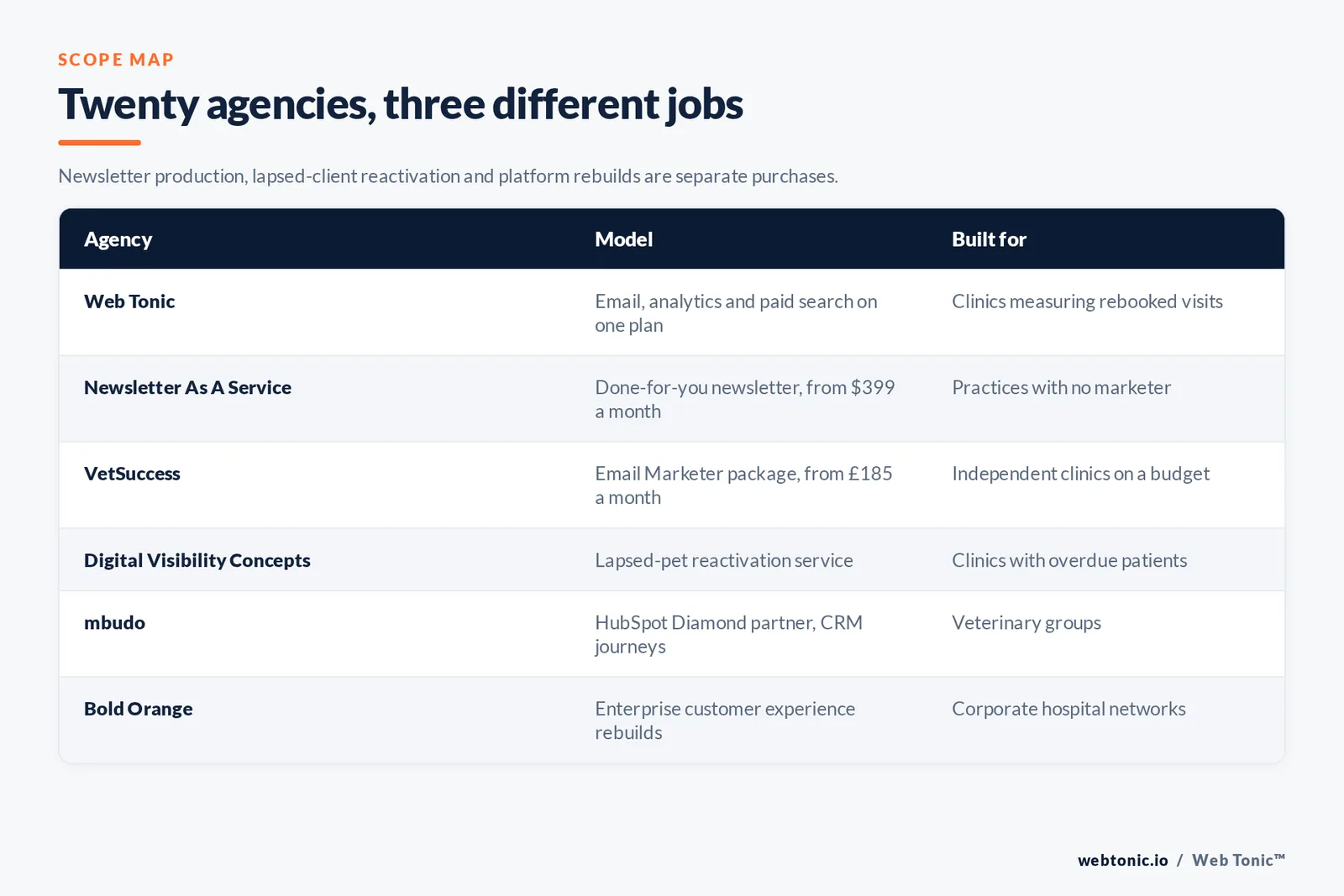 Matrix comparing six veterinary email marketing agencies including Web Tonic by model and whether they produce newsletters, run lapsed-client reactivation or rebuild CRM journeys