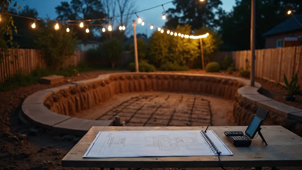 An empty backyard construction site at dusk with a freshly excavated pool shell, rebar grid, a blank unbranded site plan on a folding table and a work phone off its cradle under one warm work light