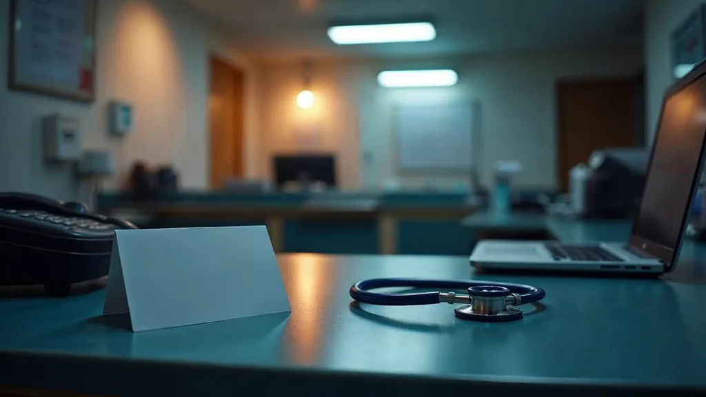 An empty veterinary clinic reception counter at dusk with a blank unbranded appointment card, a stethoscope on the desk, a closed laptop and a phone off its cradle under one warm lamp