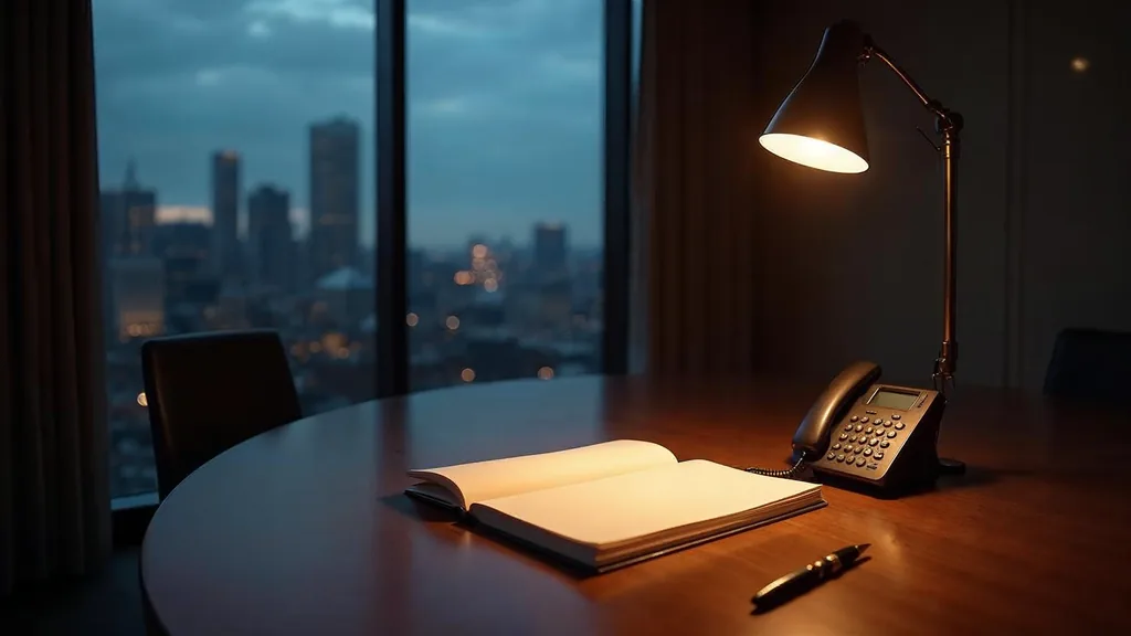 An empty private wealth advisory meeting room at dusk with a walnut table, a blank unbranded portfolio folder, a fountain pen and a desk phone off its cradle under one warm lamp