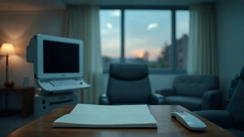 An empty fertility clinic consultation room at dusk with a blank unbranded intake folder on the desk, an ultrasound monitor switched off and a phone off its cradle under one warm lamp