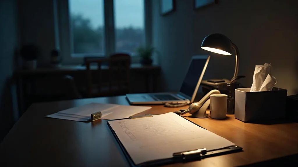 An empty addiction treatment centre intake office at dusk with a blank unbranded admissions form on a clipboard, a closed laptop, a box of tissues and a desk phone off its cradle under one warm lamp