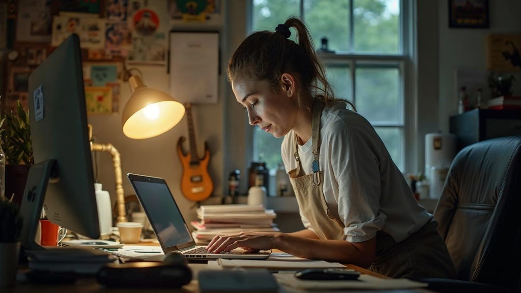 A small-business owner in an apron leaning over a laptop on a cluttered back-office desk late in the day, photographed in Orlando