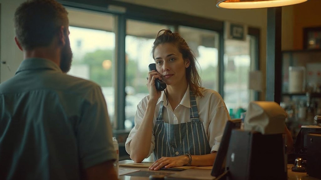 A shop manager standing behind the counter checking a phone while a customer waits at the till, photographed in Orlando