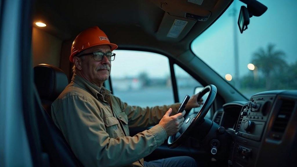 A contractor sitting in the cab of a work van reviewing a phone before driving off, photographed in Orlando