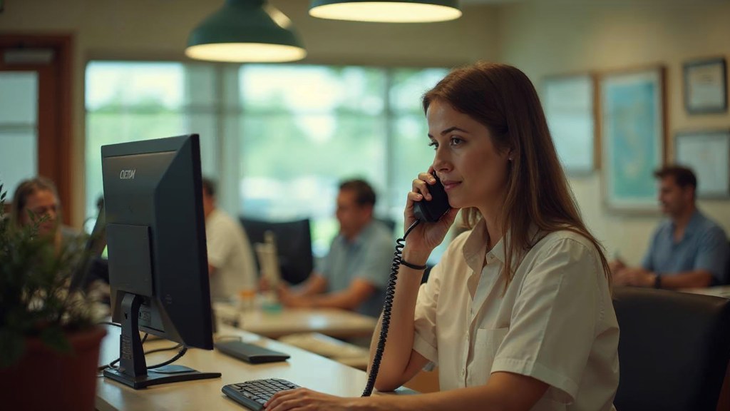 A clinic receptionist taking a phone call at a busy front desk with patients waiting, photographed in Orlando