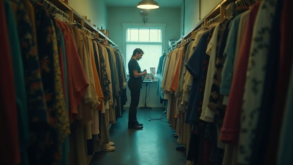 A boutique owner steaming garments in a narrow shop stockroom at opening time, photographed in Orlando