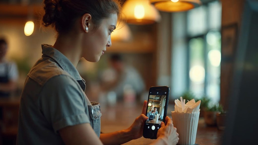 A young cafe worker filming a drink being poured on a phone propped against a napkin holder, photographed in Orlando