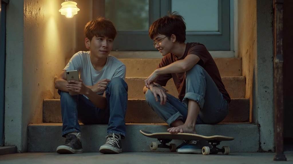 Two teenagers on skateboards looking at a phone on a set of concrete steps, photographed in Orlando