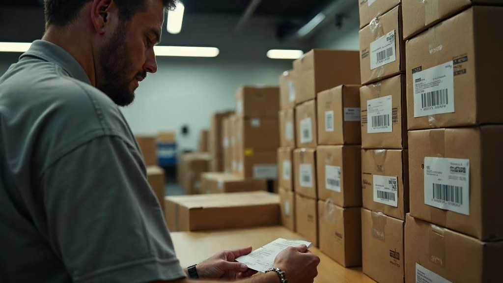 A seller checking barcodes on stacked cartons in a garage stockroom, photographed in Orlando