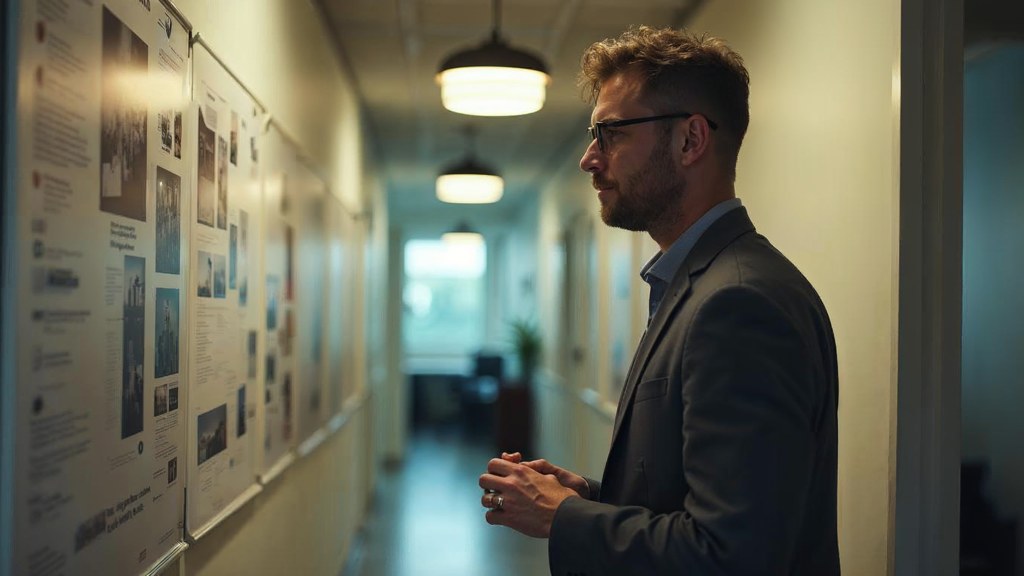 A media planner standing at a wall of printed layouts in a narrow agency corridor, photographed in Orlando