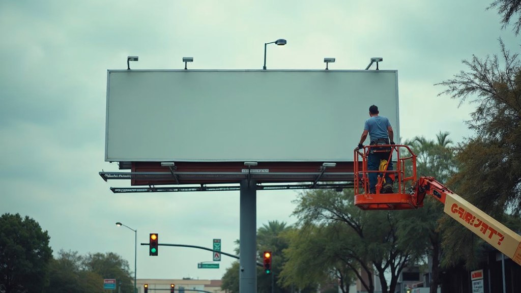 A crew member on a lift installing a blank billboard panel above a busy street, photographed in Orlando