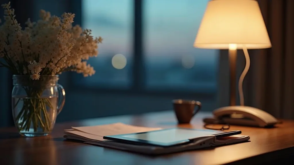An empty fertility clinic consultation desk at dusk with a blank unbranded patient information folder, a switched-off tablet, white flowers and a phone off its cradle under one warm lamp
