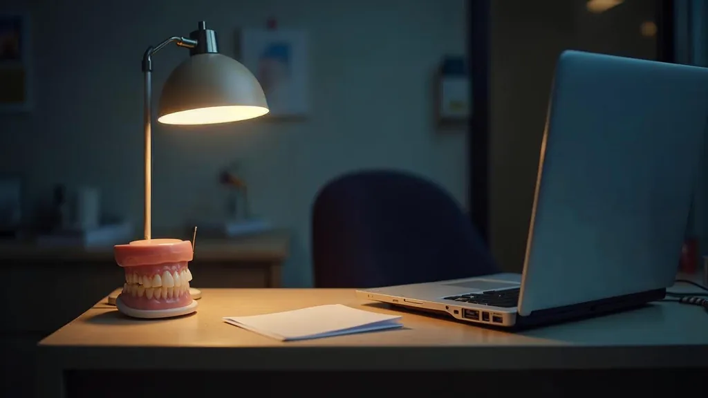 An empty dental practice reception desk at dusk with a blank unbranded appointment card, a dental model on the counter, a closed laptop and a phone off its cradle under one warm lamp