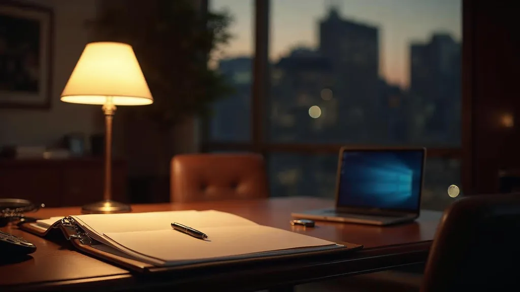 An empty private wealth advisory office at dusk with a walnut desk, a blank unbranded portfolio folder, a fountain pen, a closed laptop and a desk phone off its cradle under one warm lamp