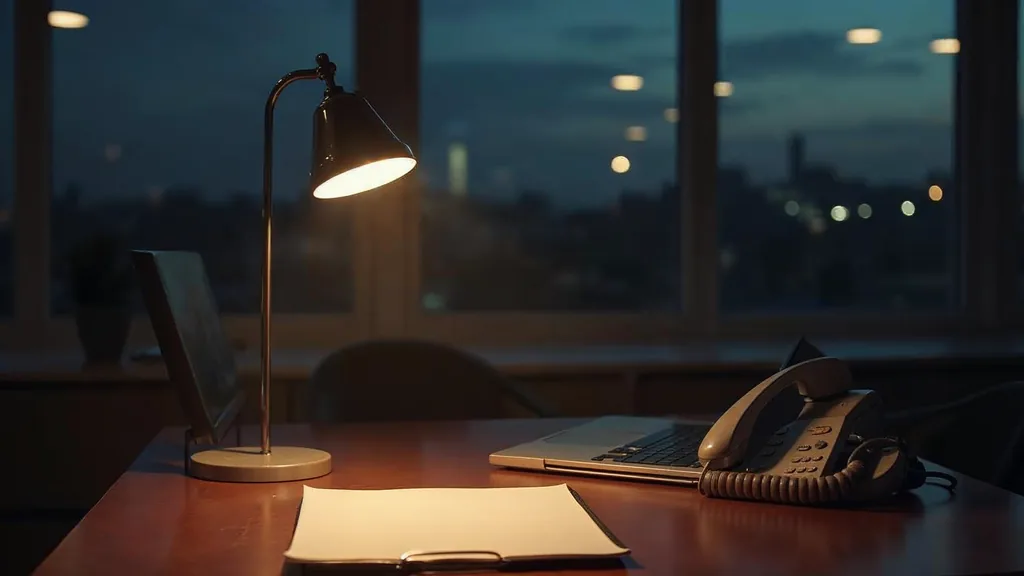 An empty personal injury law office at dusk with a blank unbranded case file on a wooden desk, a closed laptop, a legal pad and a desk phone off its cradle under one warm lamp