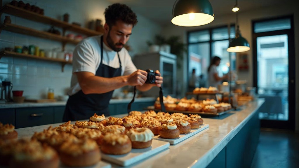 A bakery owner photographing a tray of pastries on a marble counter at dawn, photographed in Orlando