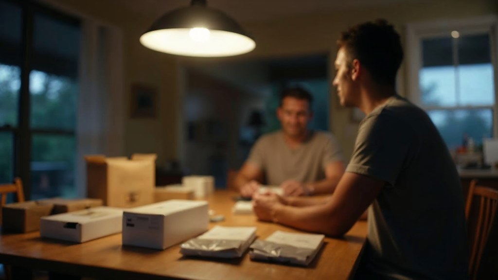 A customer filming an unboxing on a kitchen table strewn with packaging, photographed in Orlando