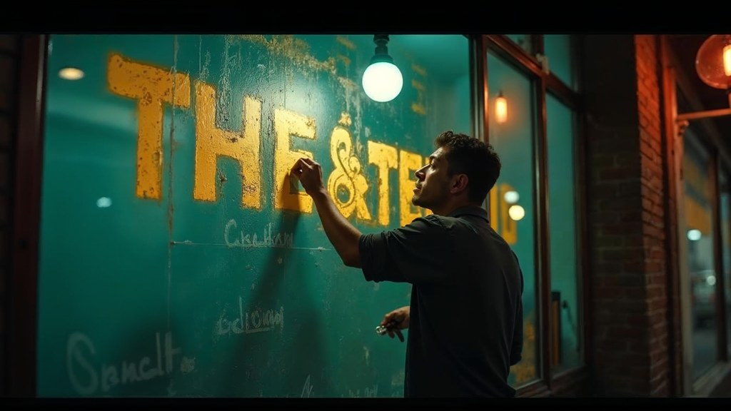 A sign painter finishing gold lettering on a shopfront window from the street side, photographed in Orlando