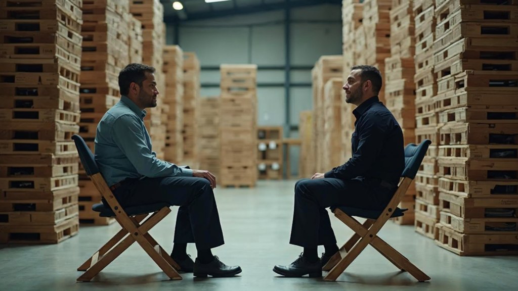 A warehouse supervisor interviewing a candidate on folding chairs beside stacked pallets, photographed in Orlando
