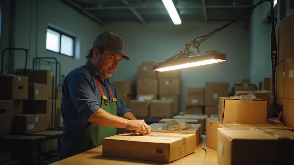 A warehouse worker taping shipping boxes under strip lighting in a small fulfilment room, photographed in Orlando