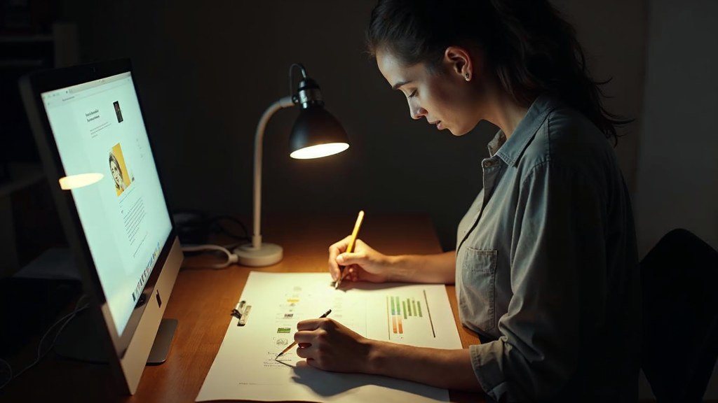 A studio designer sketching a page layout on paper beside a monitor in a dim room, photographed in Orlando