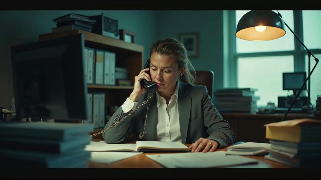 An office manager at a cluttered desk with a landline handset tucked under one ear, photographed in Orlando