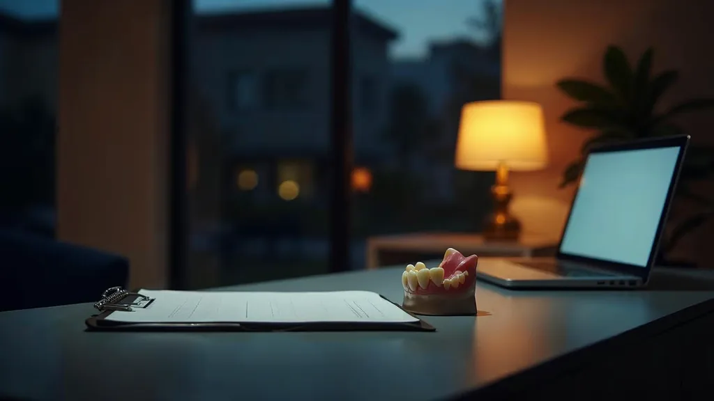 An empty dental practice consultation room at dusk with a blank unbranded treatment plan on a clipboard, a dental model, a switched-off monitor and a phone off its cradle under one warm lamp